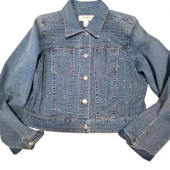 PLATINUM CHICOS Womens light washDenim Jacket Rhinestones Size 1 (8)/(M) - Picture 1 of 11